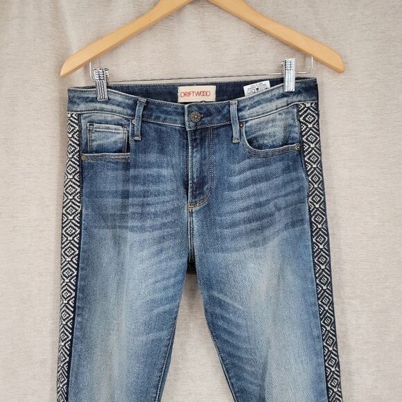 Driftwood Jackie High Rise Skinny Jeans with Embroidered Aztec Side Stripe sz 28 - Picture 2 of 13